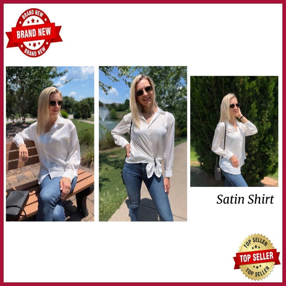 Long Sleeve Satin Button Down Blouse - Business Casual Fall Top - Picture 8 of 8